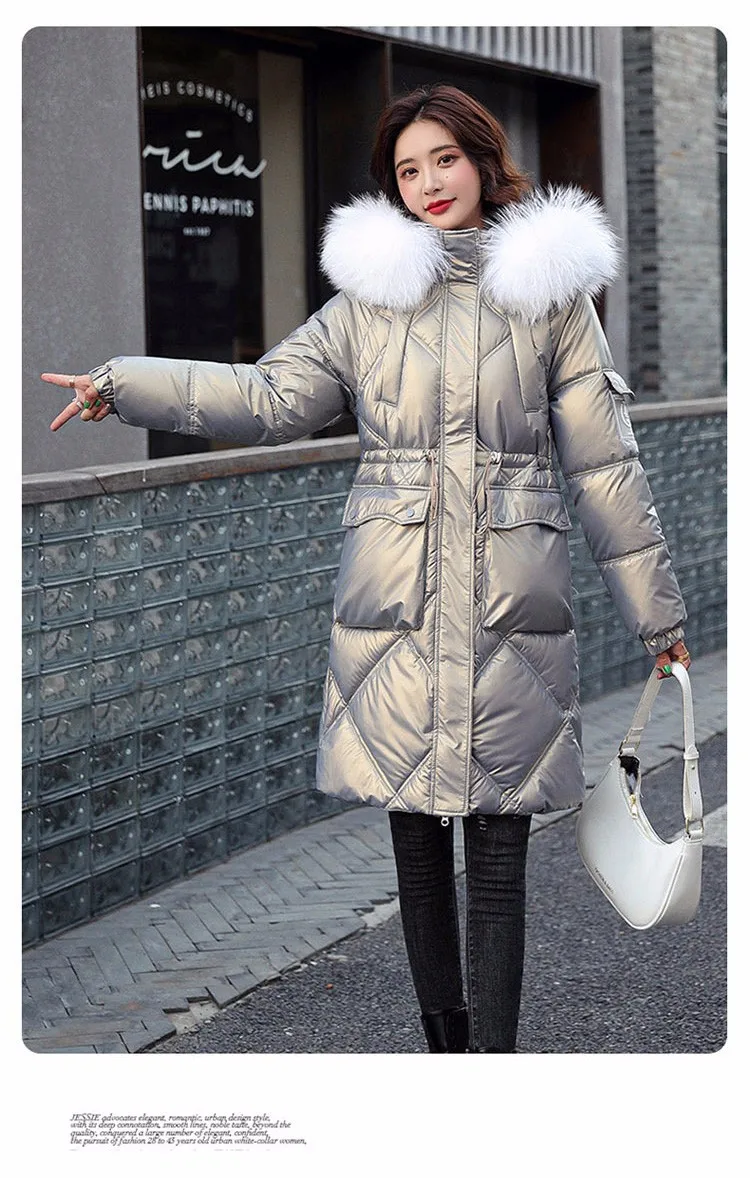 womens parka coat Yzeqi  2021 Fashion Winter Jacket Down Parkas Women Fashion Hooded Fur Collar Cotton Padded Jackets Thick Warm Glossy Long Thick maxi puffer coat