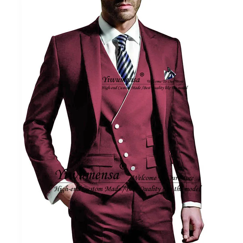 Бургундия Navy Slim Fit 3 Pieces Wedding Blazer Suits For Man Custom Made Jacket With Pant White Smoking Formal Mens Suit Traje Hombre - Цвет: Бургундия