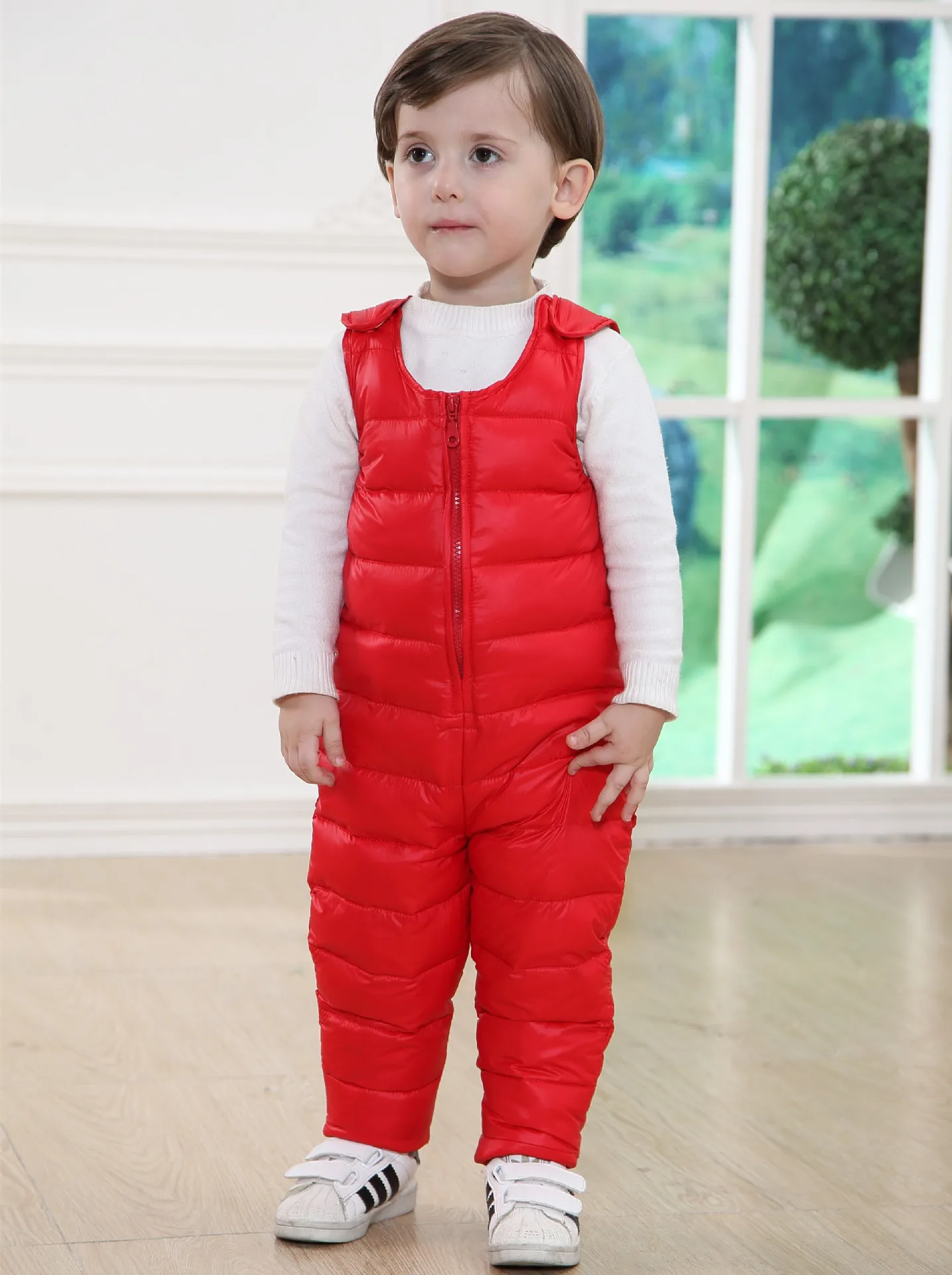 Red Plus Velvet Warm Children's Down Pants Boys Girls Baby Winter Outdoor Sport Thermal Padded Trousers Can Be Open Crotch Jumpsuit - Цвет: Red