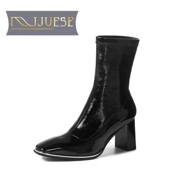 

MLJUESE 2021 women Ankle boots Microfiber Winter short plush Square Toe High heels female boots size 39