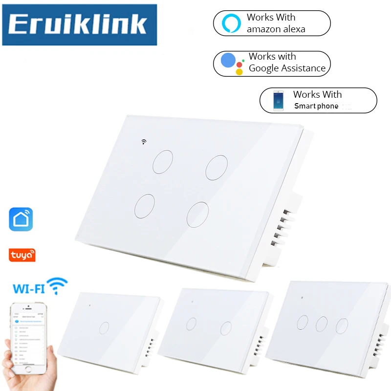 

US/AU Standard Wifi Wall Touch Switch,1/2/3/4Gang 1Way Crystal Glass Panel Tuya/Smart Life APP Remote Control Light Switch