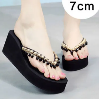 Black black bead Женские шлепанцы ручной работы; туфли принцессы для девочек; женская пляжная обувь; цветная жемчужина; Вьетнамки; Zapatos De Mujer; домашние тапочки на танкетке - Цвет: Black black bead