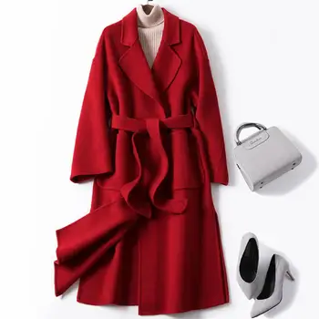 

Double-sided Loose Warm Cashmere Coat Split Pocket Lapel Autumn Coat Women Medium-long Thicken Women Woolen Coat