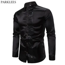 Черная шелковая мужская рубашка с блестками в стиле пэчворк, Повседневная гладкая блестящая рубашка с длинным рукавом, мужская рубашка для клуба, сцены, дискотеки, выпускного вечера