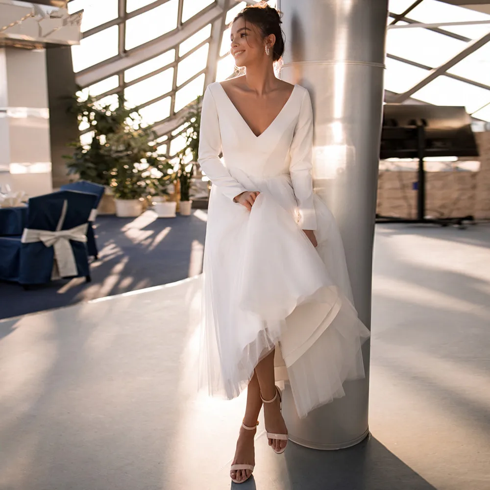 

Simple Short Wedding Dress 2021 Tea Length A-line Long Sleeves White ivory Bridal Bride Gown Satin Tulle Elegant Custom Size