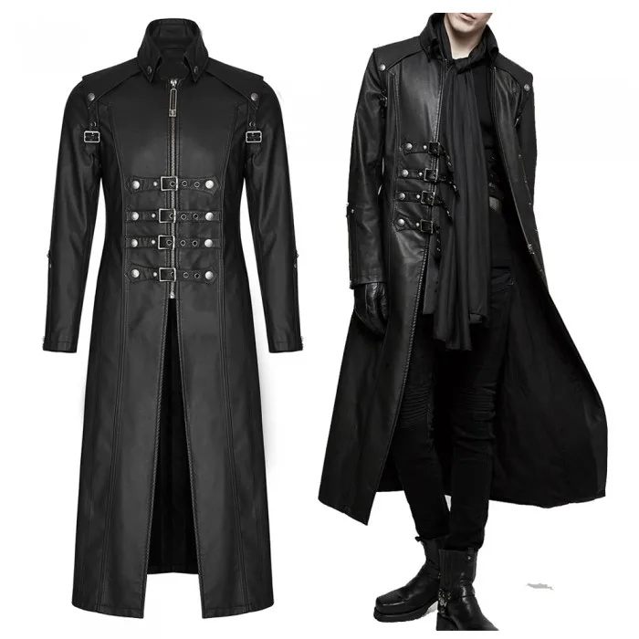 Men Long Black Gothic Imitation Leather 