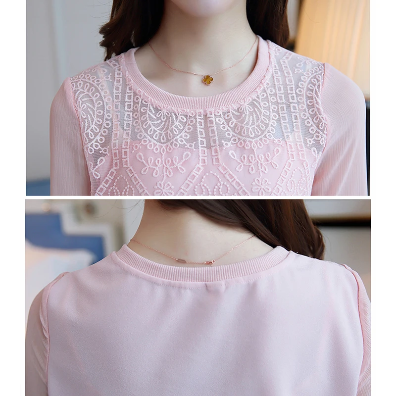 Nova Moda de Longo-Sleeve Feminino Camisa шифон Moda Camisas Blusas Camisa Mulheres Tops de Renda Cor de Rosa