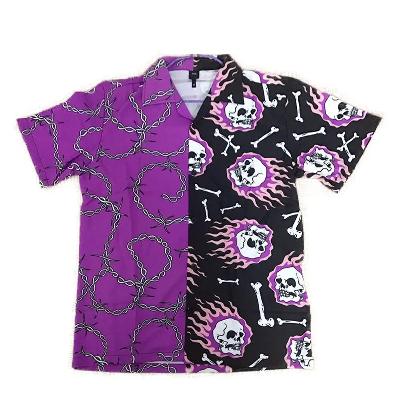 Purple Black Patchwork Vintage Shirt New Summer Men Hawaiian Short Sleeve Shirt Mens Casual Print Beach Shirts Man Oversized Top