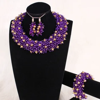 

4UJewelry African Wedding Jewellery Set Bridal Jewelry Big Fashion Purple and Gold Dubai Necklace 18 Inches Bracelet 8 Inches