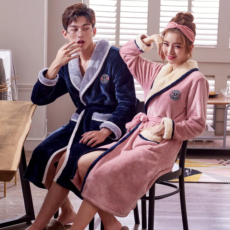 

QWEEK Autumn Winter Thick Flannel Bathrobe for Women Long Sleeve Couple Sleepwear Sexy Cardigan Women Robe 2019 Loose Soft Gown