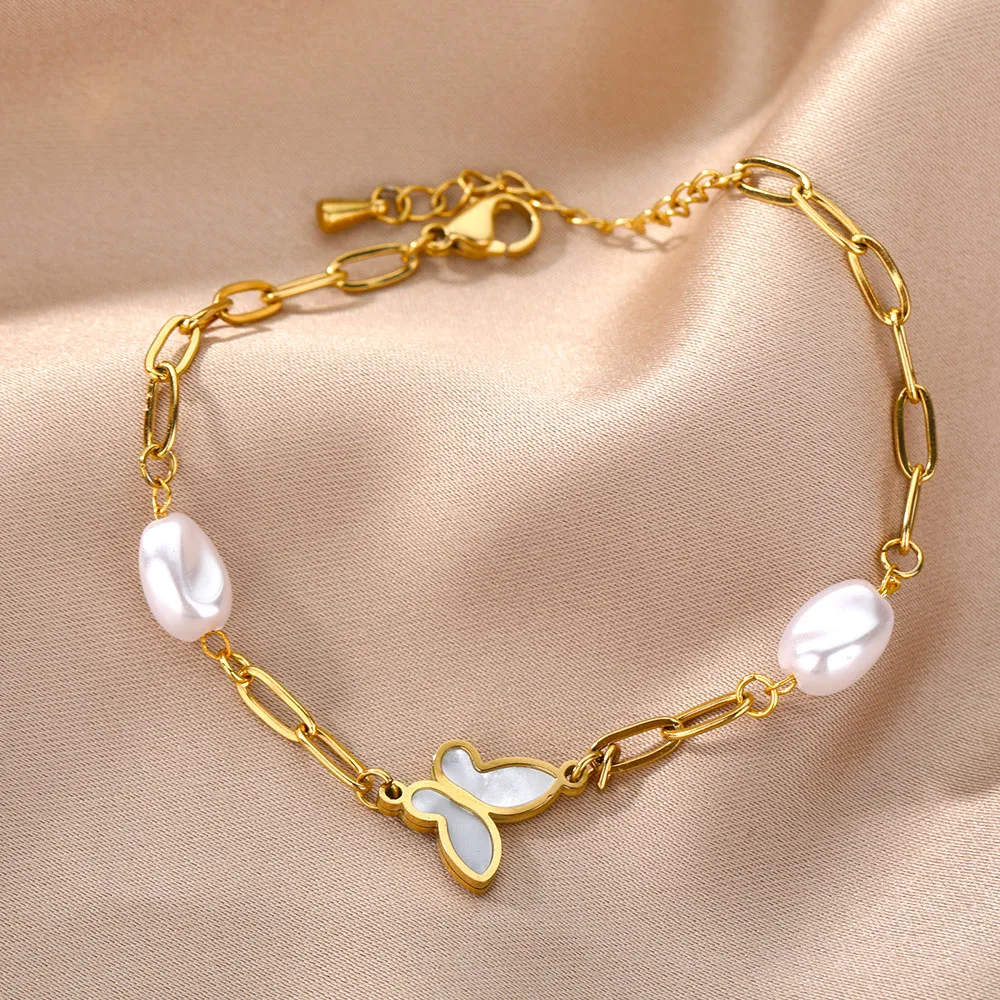 Opal Stone Moonstone Butterfly Bracelets Stainless Steel Gold Charm Pin Chain