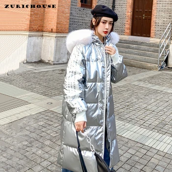 

ZURICHOUSE Winter Down Coat Women Luxury Fur Collar Down Parka 2020 Fashion Glossy Sliver Warm Hooded Long Down Jacket Woman