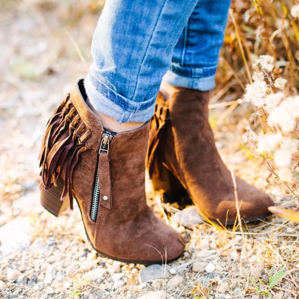 

2019 Tassel Ankle Boots Women Winter Suede Short Boot Fringe Lady Fashion Retro Ethnic Boot High Heel Shoes Classic Rome Botas