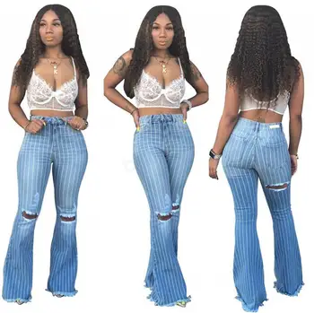 

Women Striped Flare Jeans Pants Ripped Hole Slim Sexy Vintage Bootcut Wide Leg Flared Jeans Office Lady Bell Bottoms Denim Pants