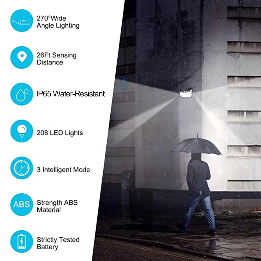 208LED Solar Light Wall Lamp PIR Motion Sensor Light IP65 Water-resistant Outdoor Lighting Security Light Pathway Yard Garden