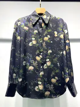 

Retro Floral Women 100% Silk Shirt Turn-Down Collar Soft Lady Blouse Top