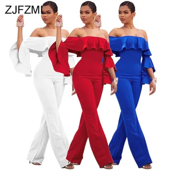 

Off Shoulder Elegant Wide Leg Jumpsuits Women Slash Neck Ruffles Flare Sleeve Romper Sexy High Waist Backless Bandage Bodysuits