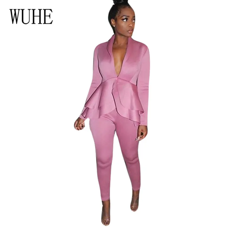 

WUHE Sexy Deep V Neck Ruffle Top + Skinny Pants Long Sleeve Elegant Bodycon Two Pieces Sets Slim Office Ladies Fashion Jumpsuits