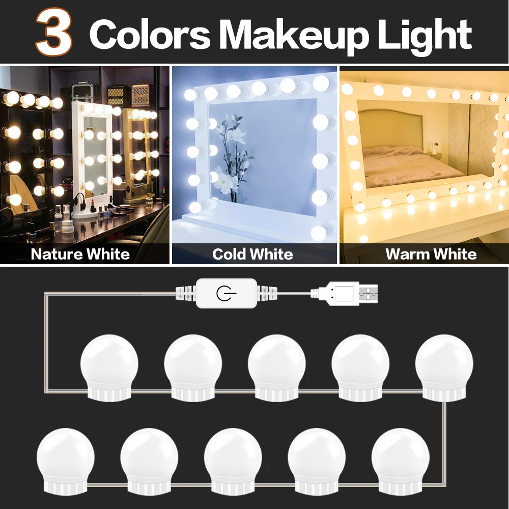 

3 Mode Colors LED Makeup Lamp Wall Light 10 14 Bulbs Kit 12V USB Dressing Table Stepless Dimmable Hollywood Vanity Mirror Light