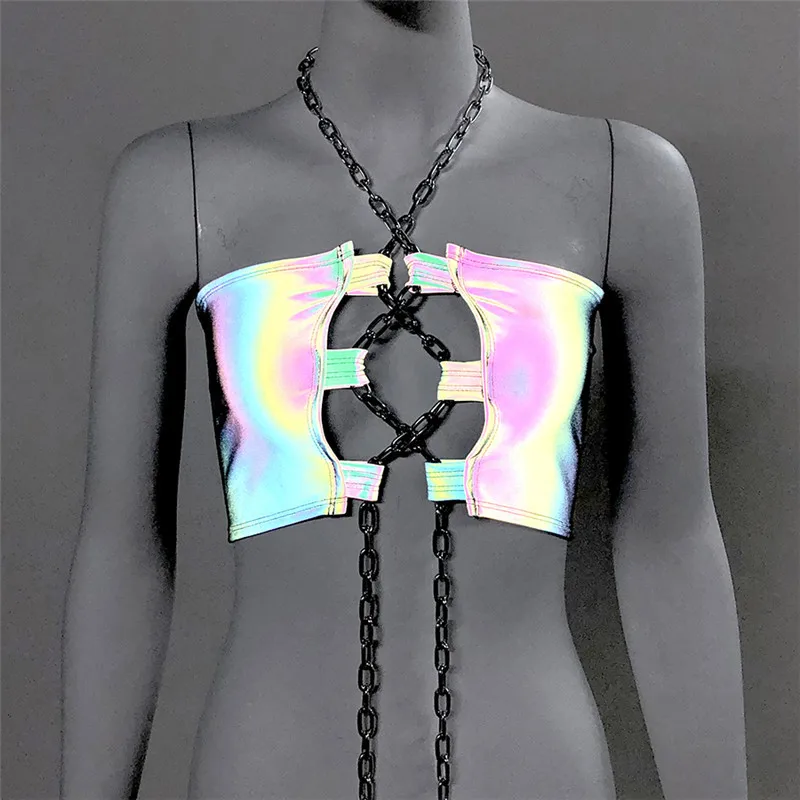 ArtSu Harajuku Women Reflective Crop Top Chain Halter Top Off Shoulder Sexy Backless Clubwear Cami Top Streetwear Punk ASVE20786