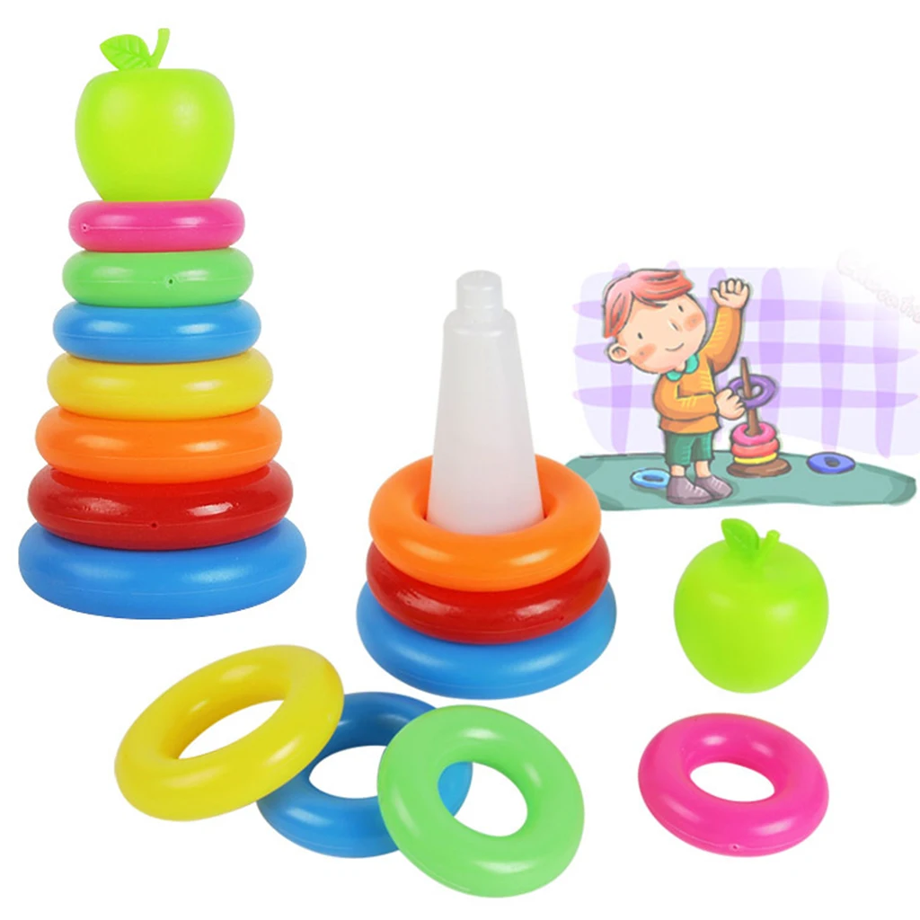 Kids Toddler Early Educational Toy Green Apple with 9 Plastic Rainbow Color Stacking Rings Tower Toy, Bath Tub Play Toy Gift