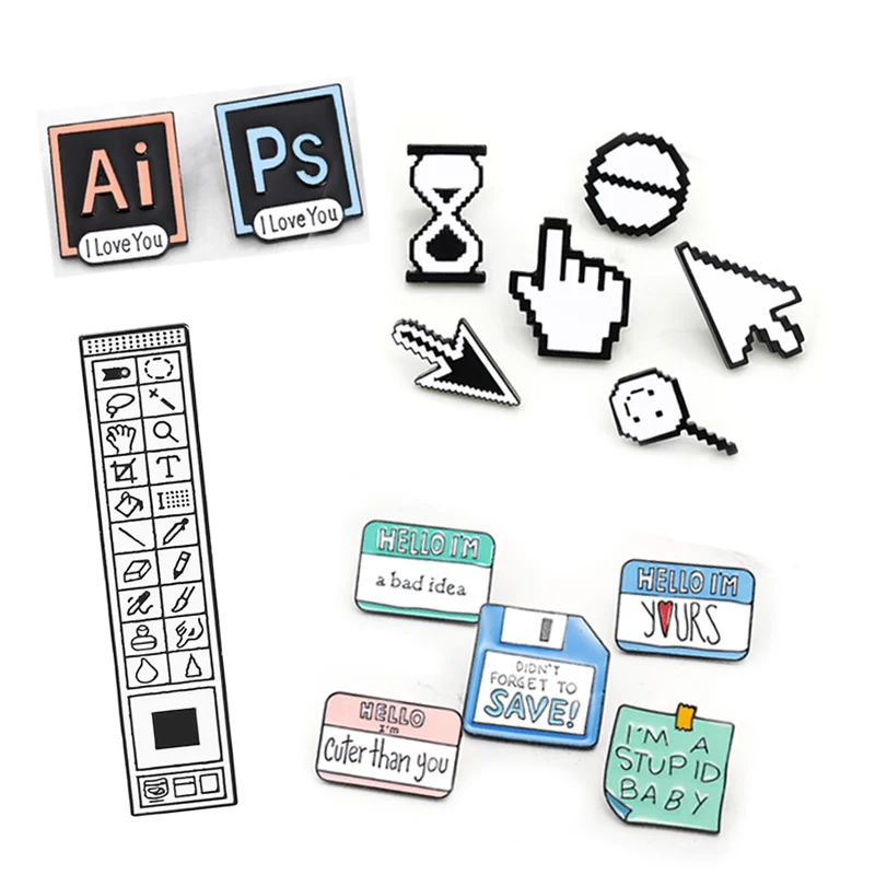 

Classic Pixel Cursor Brooch Photoshop Toolbar Disk Computer Window Icon Mouse Pointer Hand Arrow Lable Pin Skirt Enamel Jewelry
