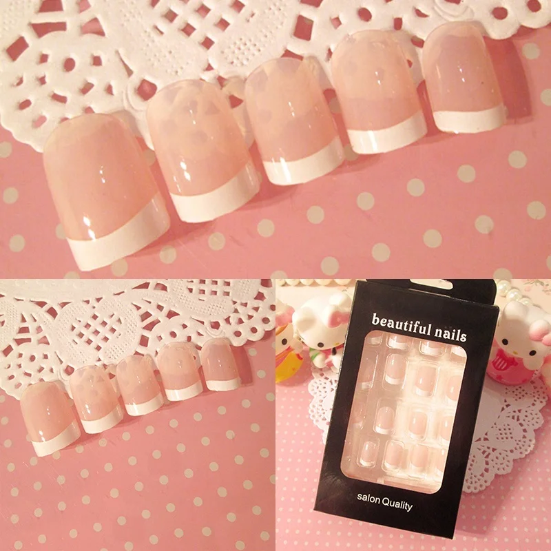 

24pcs/Set Pink Nail Art Sticker Lady Women's False Nail French Style Manicure Art Tips False Nails With Glue