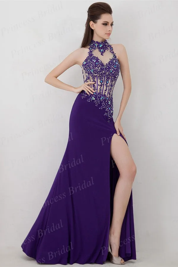 

Free Shipping Fashion Lady Mermaid Halter High Slit Beaded Backless Floor Length High Neckline Prom Dress With Appliques AA2180