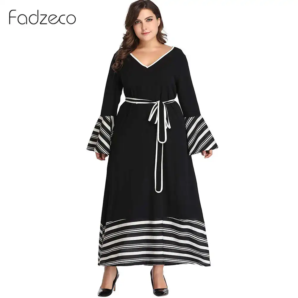 

Fadzeco African Dresses for Women Dashiki Autumn Stripe Print Maxi Dress Sexy V Neck Flare Long Sleeve Elegant Ethnic Long Dress