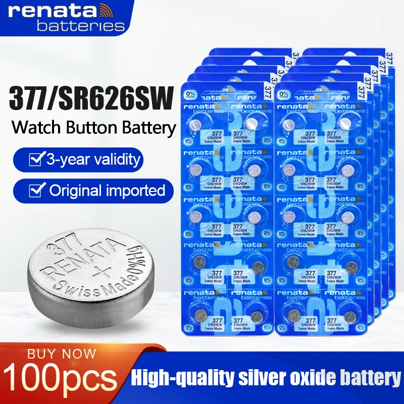 100PCS Original Renata 377 SR626SW AG4 LR626 SR66 V377 Button Coin Cell 1.55V Silver Oxide Battery For Toys Watch Swiss Made 377 canon battery