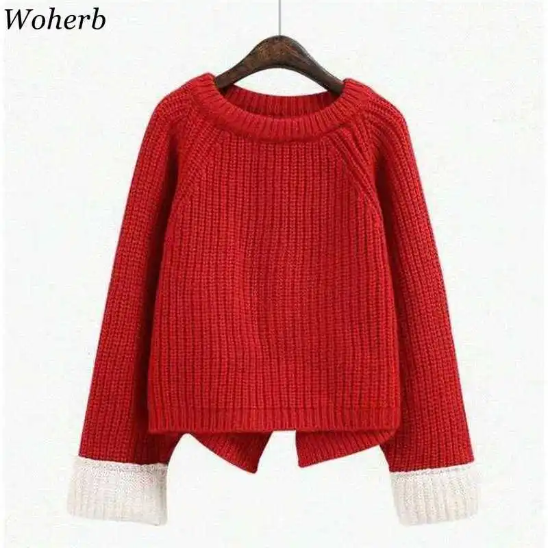 Woherb Pull Femme с круглым вырезом и длинными рукавами, контрастные цвета, пуловеры Джемперы, винтажная мода, свитер, женские повседневные свободные топы 90840