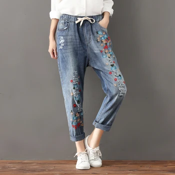 

Flowers Embroidered Women Jeans Plus Size Women's Spring Casual Harem Pants Loose Ripped Jeans for Women