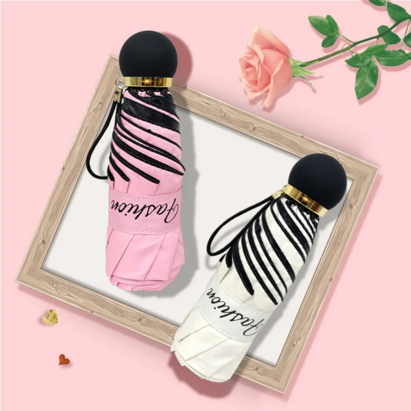 Mini Cute Five-folding Umbrellas Portable Sunshade Umbrella for Lady Solid Color Black Rubber Umbrella Travel Accessories