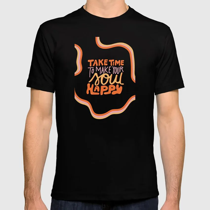 Happy Soul T shirt retro vintage lettering quote letters cursive lines 70s orange yellow