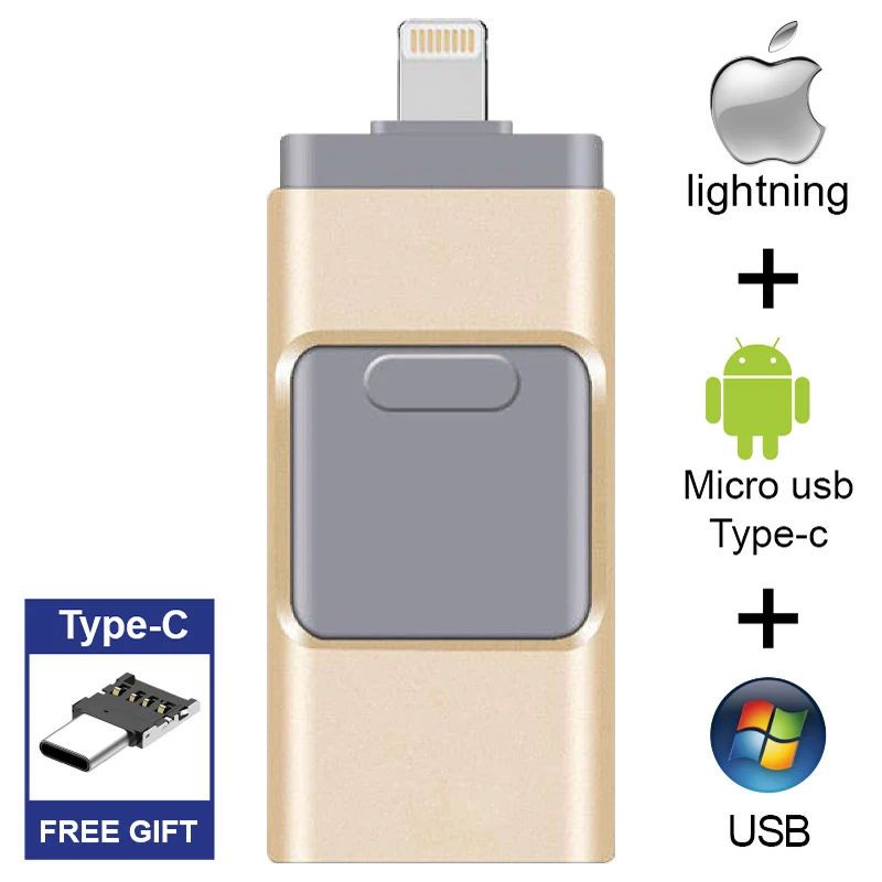 Бесплатный адаптер type-C, металлический флеш-накопитель Lightning, флешка, USB 3,0, Фотоштора для iPhone iPad, 256 ГБ, 128 ГБ, 64 ГБ, 32 ГБ, 16 ГБ, 512 ГБ, подарок