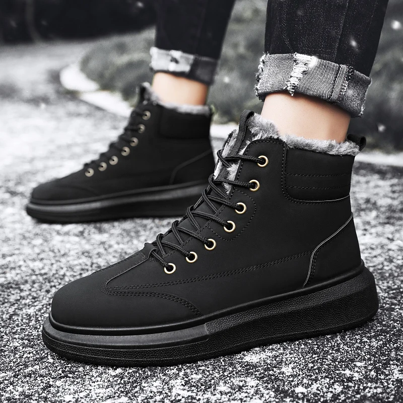 Ankle Boots Men Snow Boots Winter Warm Lace-up Men Shoes 2021 New Fashion Flock Plush Winter Boots Men Shoe Plus Size