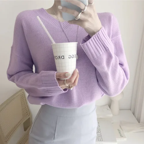 

Women Sweater Temperament Thin V-neck Light Color Knitted Sweater Lavender Pullover Sweater