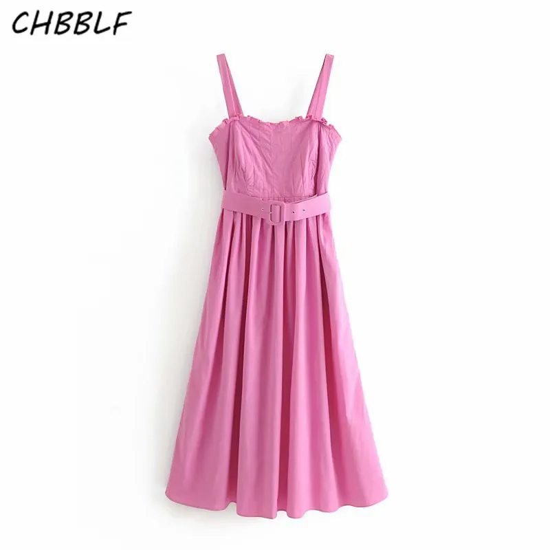 CHBBLF женское розовое платье без рукавов галстук-бабочка пояса Спагетти ремень с открытой спиной эластичный Женский Стильный миди платье HJH2131