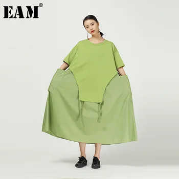 

[EAM] Women Green Contrast Color Big Size Dress New Round Neck Long Sleeve Loose Fit Fashion Tide Spring Autumn 2020 1T563