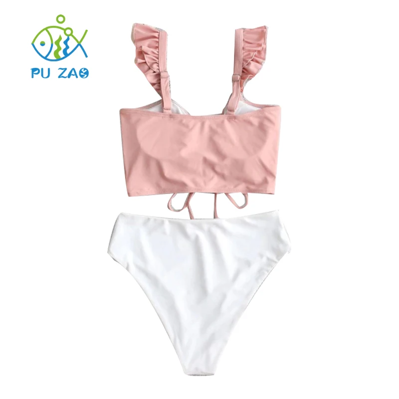 

2020 New Women Fashion Bikini Sexy Solid Color Ruffle Split Bikini Backless Swimwear Swimsuit Two Piece Suit
