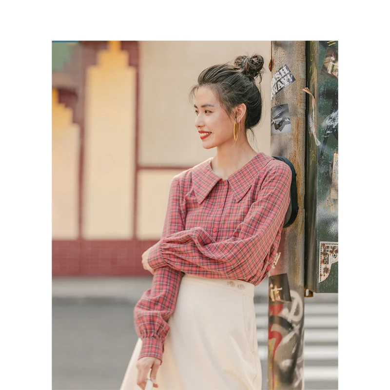 Goedkoop Inman Winter Literaire Retro 100% Katoen Pop Kraag Plaid Losse Lange Mouw Vrouwen Blouse