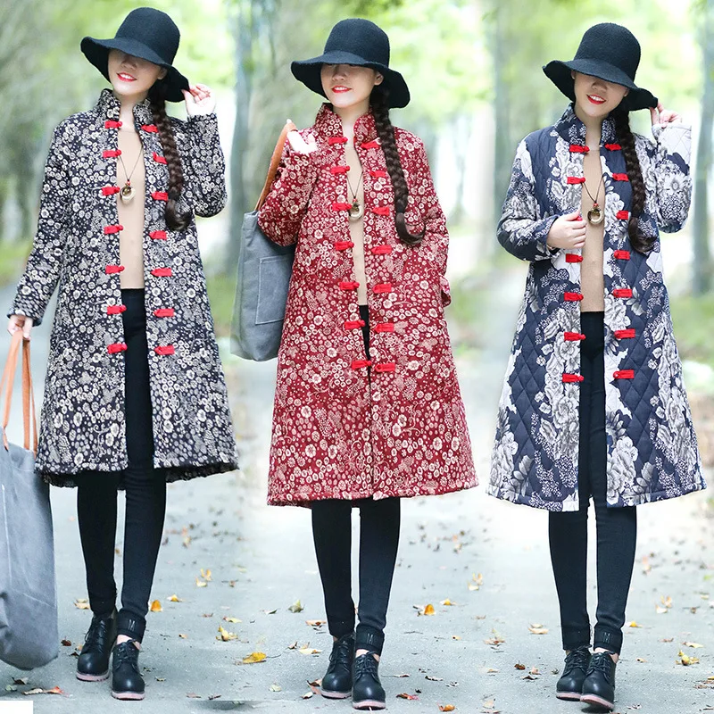 

Ethnic-Style Cotton-padded Clothes Mid-length 2018 Winter New Style Retro Cotton Linen Printed Blue And White Porcelain Thick Co