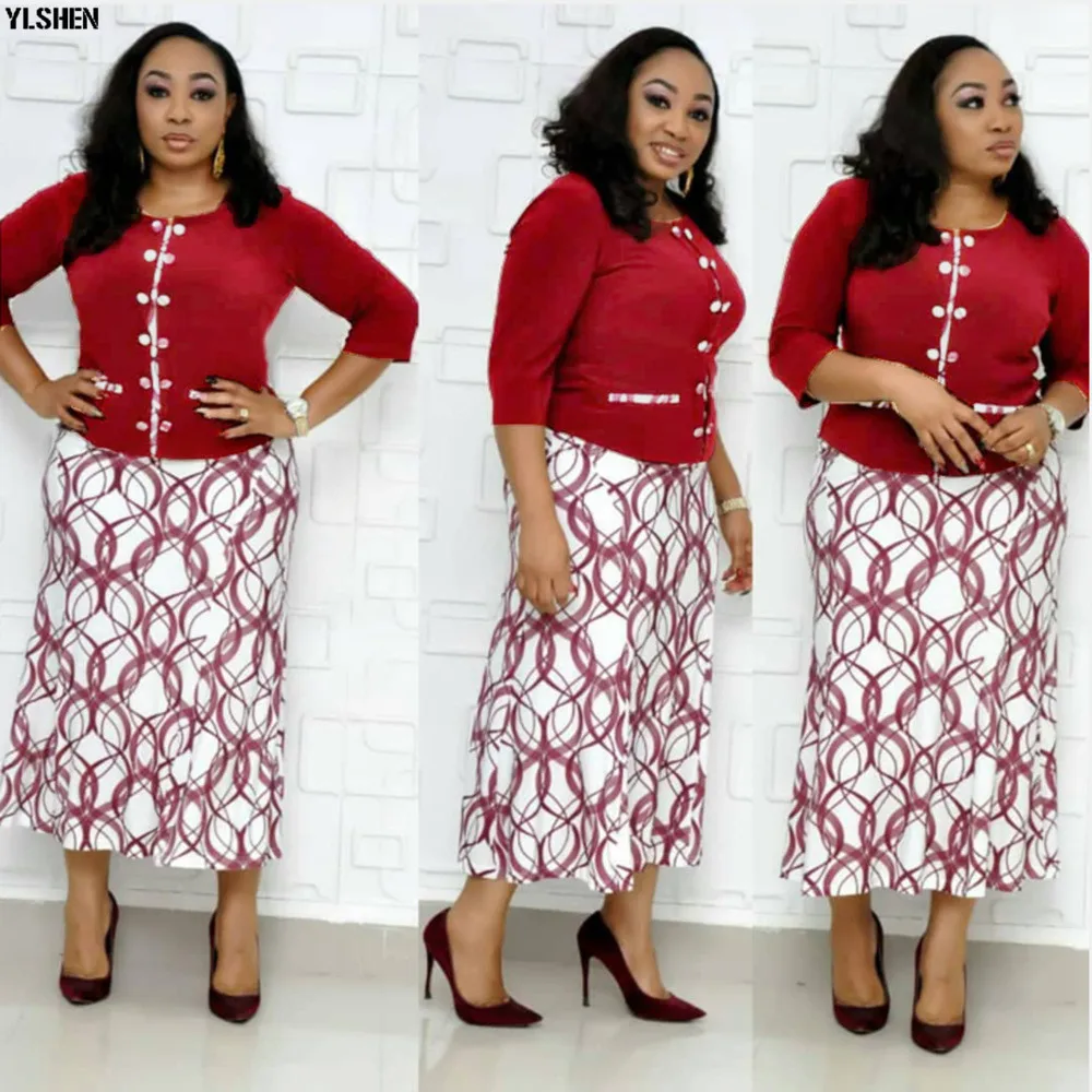 African Dresses for Women 2 Piece Set African Clothes Dashiki Print Tops + Skirt Suits Bazin Riche Fashion Robe Africaine Femme 03