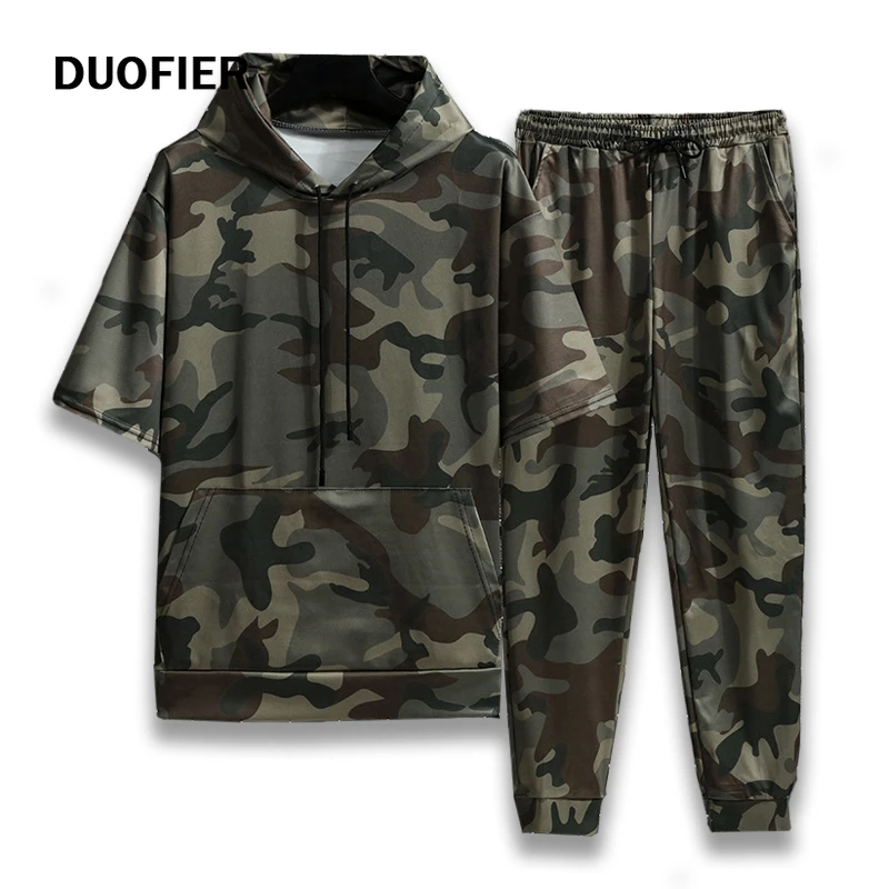 Spring Summer New Camouflage Men's Suit Sports Fitness Short Sleeve Hoodie+Trousers Men 2 Pieces Casual Outdoor Fashion Shorts 1