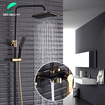 

Black gold Bathroom Shower Faucet Set Brass 8'' Rainfall Shower Head Stylish tub spout Hot Cold Bath Mixer Taps Adjust height