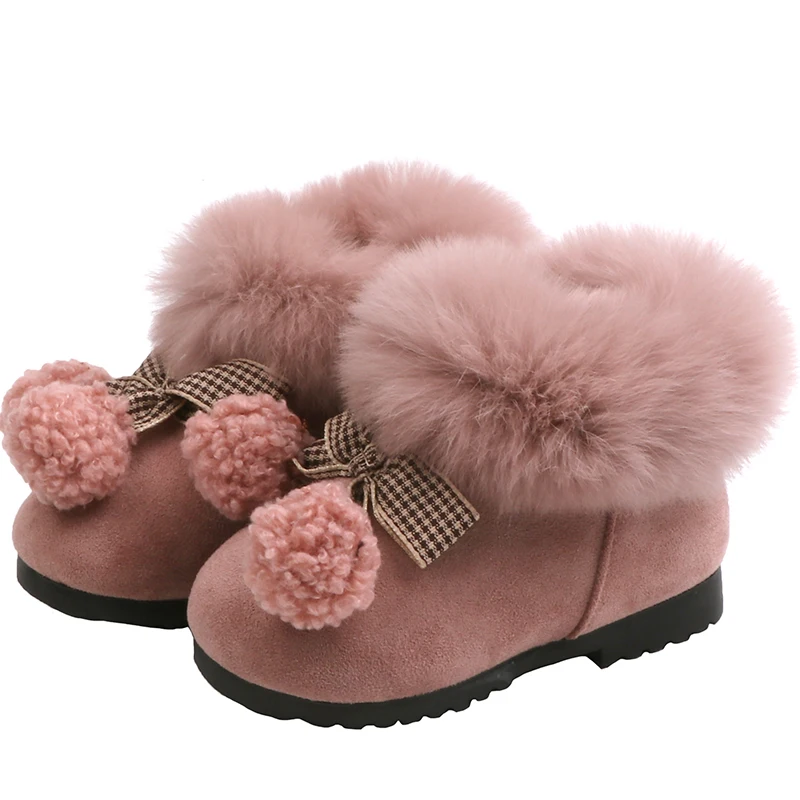 Новинка года; зимняя детская обувь; модные ботинки из натуральной кожи с бантом и кроличьим мехом для маленьких девочек; От 0 до 1 года; детская обувь на плоской подошве