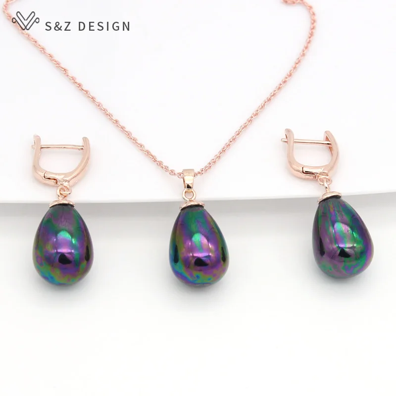 S&Z DESIGN New Fashion Imitation Pearls Water Drop Earrings 585 Rose Gold Color Jewelry Sets For Women Wedding Party Jewelry