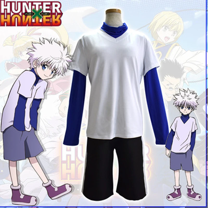 

HUNTER HUNTER Killua Zoldyck Cosplay Costume White Top Black Short Pants Casual Outfit Women Men Panty Uniform Costume