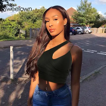 

Sweetown 2020 Summer Hot Casual Sporty Workout Crop Top Women Fitness Camisole Chic One Shoulder Sexy Party Top Beachwear Black