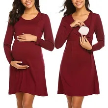 Женское осеннее платье для беременных с длинным рукавом, однотонное Ночное платье для кормления грудью